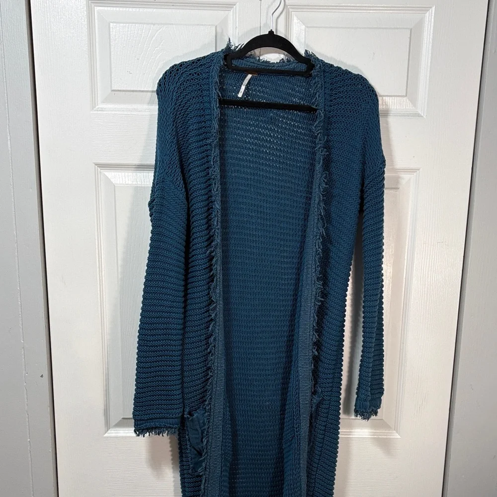 Free People Woodstock Cardigan Blue Open Knit Long Boho Slouchy Cozy Sweater - Picture 4 of 14